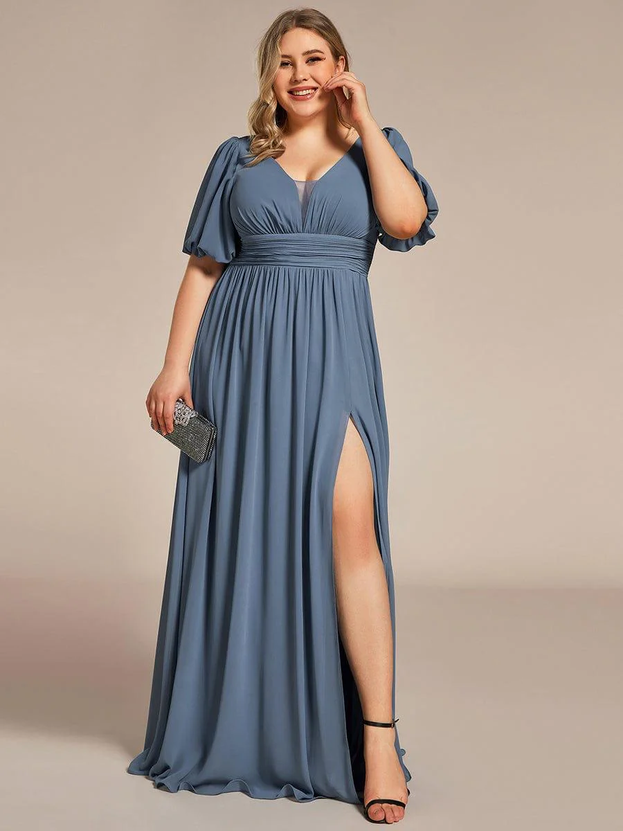 pretty MADISON|Plus Size Short Sleeve V-Neck Front Slit Chiffon Evening Dress - Image 14