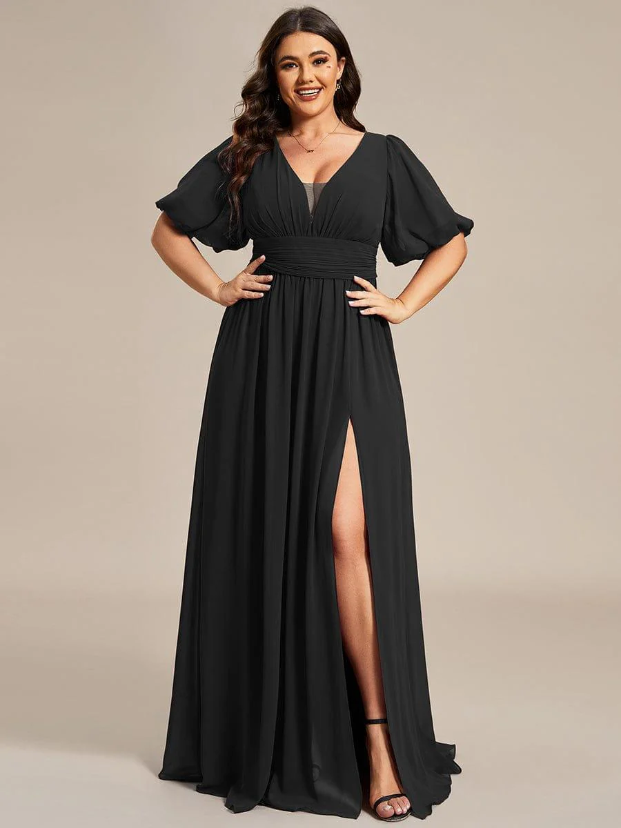 pretty MADISON|Plus Size Short Sleeve V-Neck Front Slit Chiffon Evening Dress - Image 16