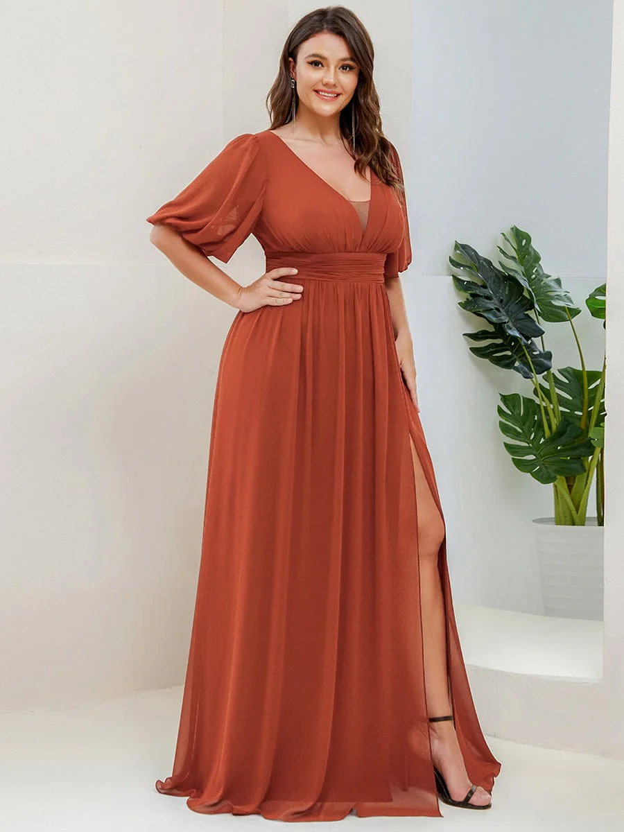 pretty MADISON|Plus Size Short Sleeve V-Neck Front Slit Chiffon Evening Dress - Image 29