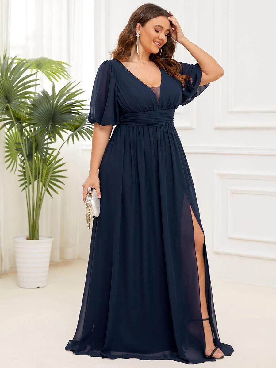 pretty MADISON|Plus Size Short Sleeve V-Neck Front Slit Chiffon Evening Dress - Image 3