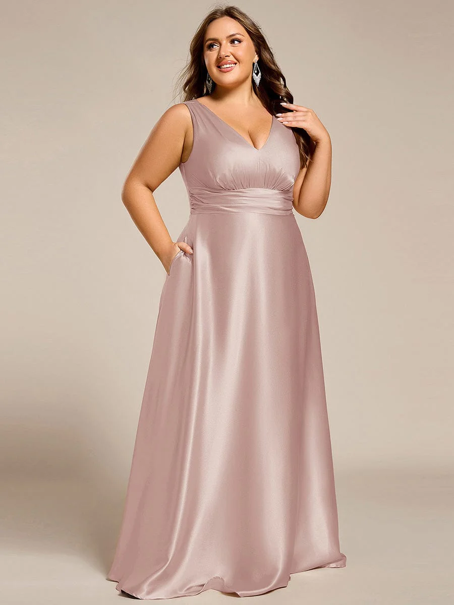 pretty INDY|Plus Size Sleeveless Empire Waist Satin Maxi Bridesmaid Dress With Pockets - Image 45