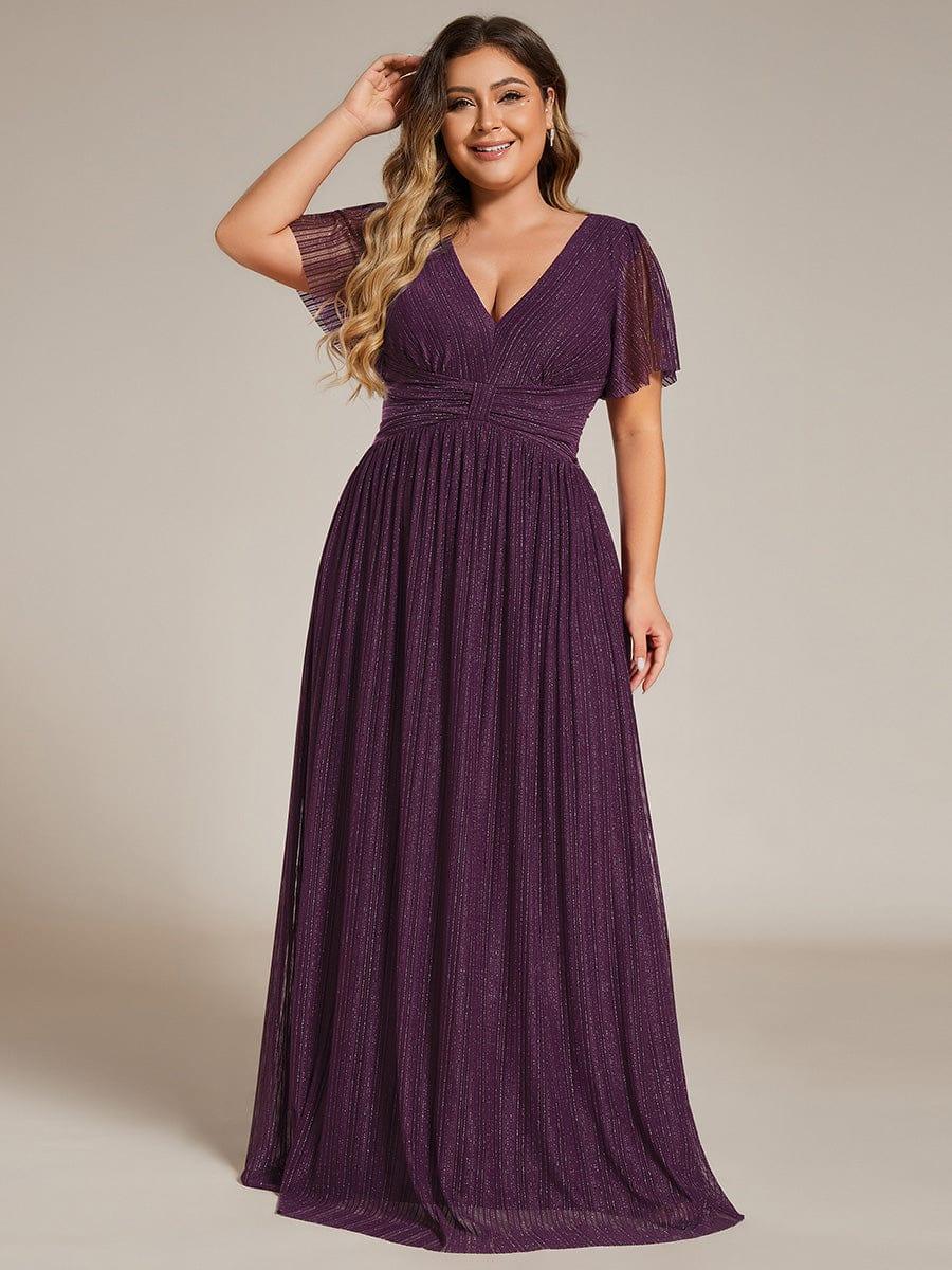 pretty DAPHNE|Plus Size Sparkle Short Sleeves Formal Evening Dress with V-Neck - Image 17