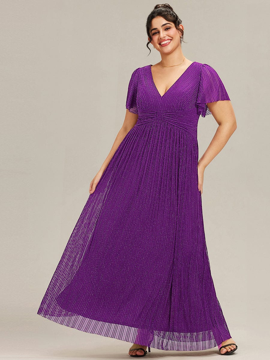pretty DAPHNE|Plus Size Sparkle Short Sleeves Formal Evening Dress with V-Neck - Image 46