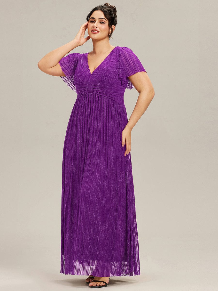pretty DAPHNE|Plus Size Sparkle Short Sleeves Formal Evening Dress with V-Neck - Image 50