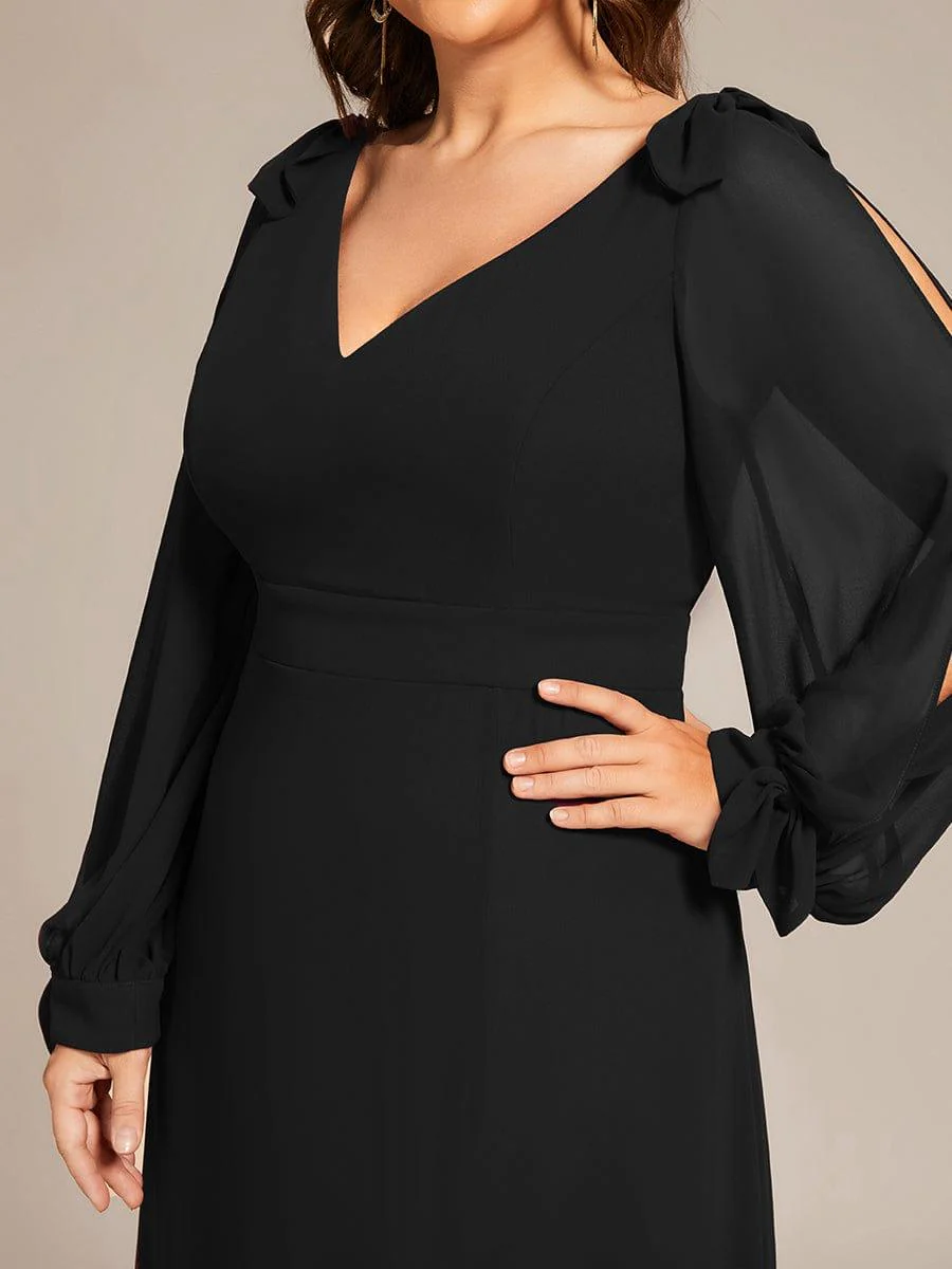 pretty IVORY|Plus Size Split Long Sleeve V-Neck Bridesmaid Dress - Image 24