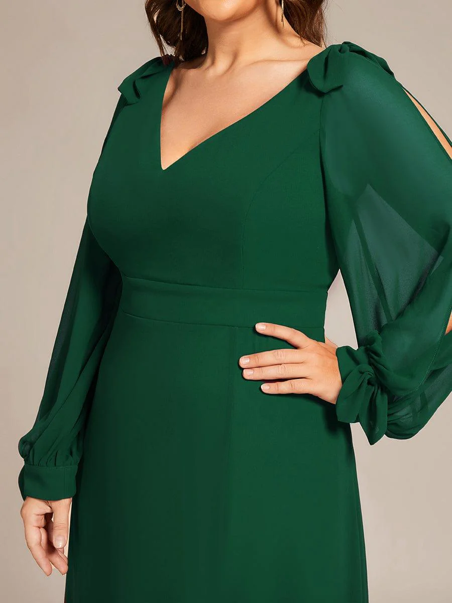 pretty IVORY|Plus Size Split Long Sleeve V-Neck Bridesmaid Dress - Image 29