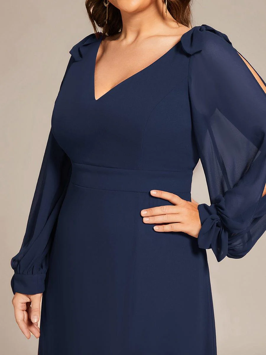 pretty IVORY|Plus Size Split Long Sleeve V-Neck Bridesmaid Dress - Image 33