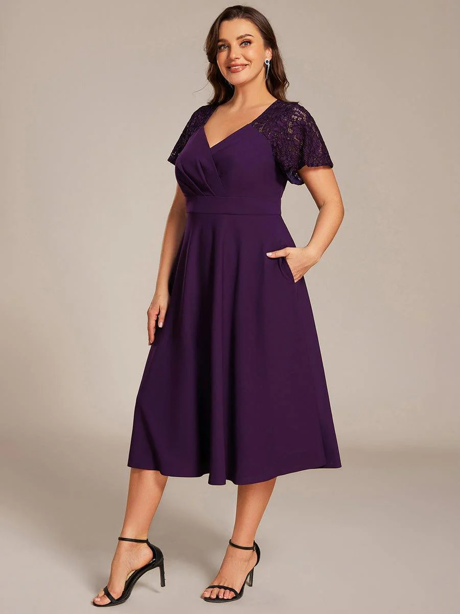 pretty EVIE|Plus Size Hollow Out Midi Wedding Guest Dress With Pockets - Image 10