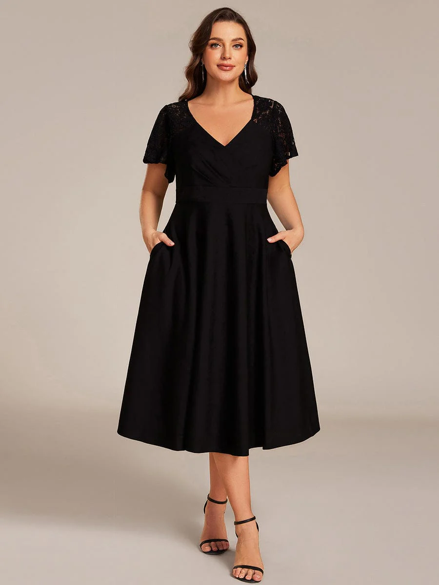 pretty EVIE|Plus Size Hollow Out Midi Wedding Guest Dress With Pockets - Image 21