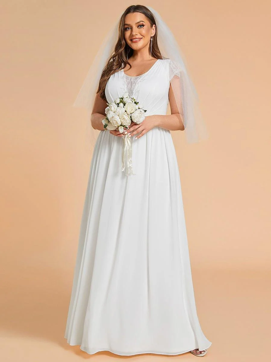 Plus Size V-Neck and Pleated Chiffon Wedding Dresses with Short Sleeves - Image 5