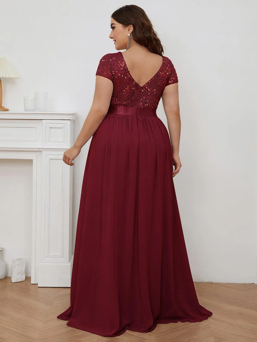 pretty MIRAGE|Plus Size V-Neck Cap Sleeve Sequins Chiffon Maxi Evening Dress - Image 12