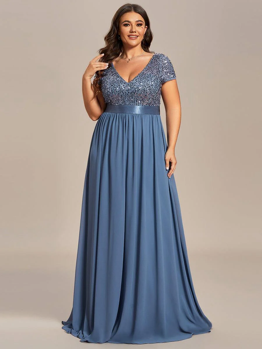 pretty MIRAGE|Plus Size V-Neck Cap Sleeve Sequins Chiffon Maxi Evening Dress - Image 20