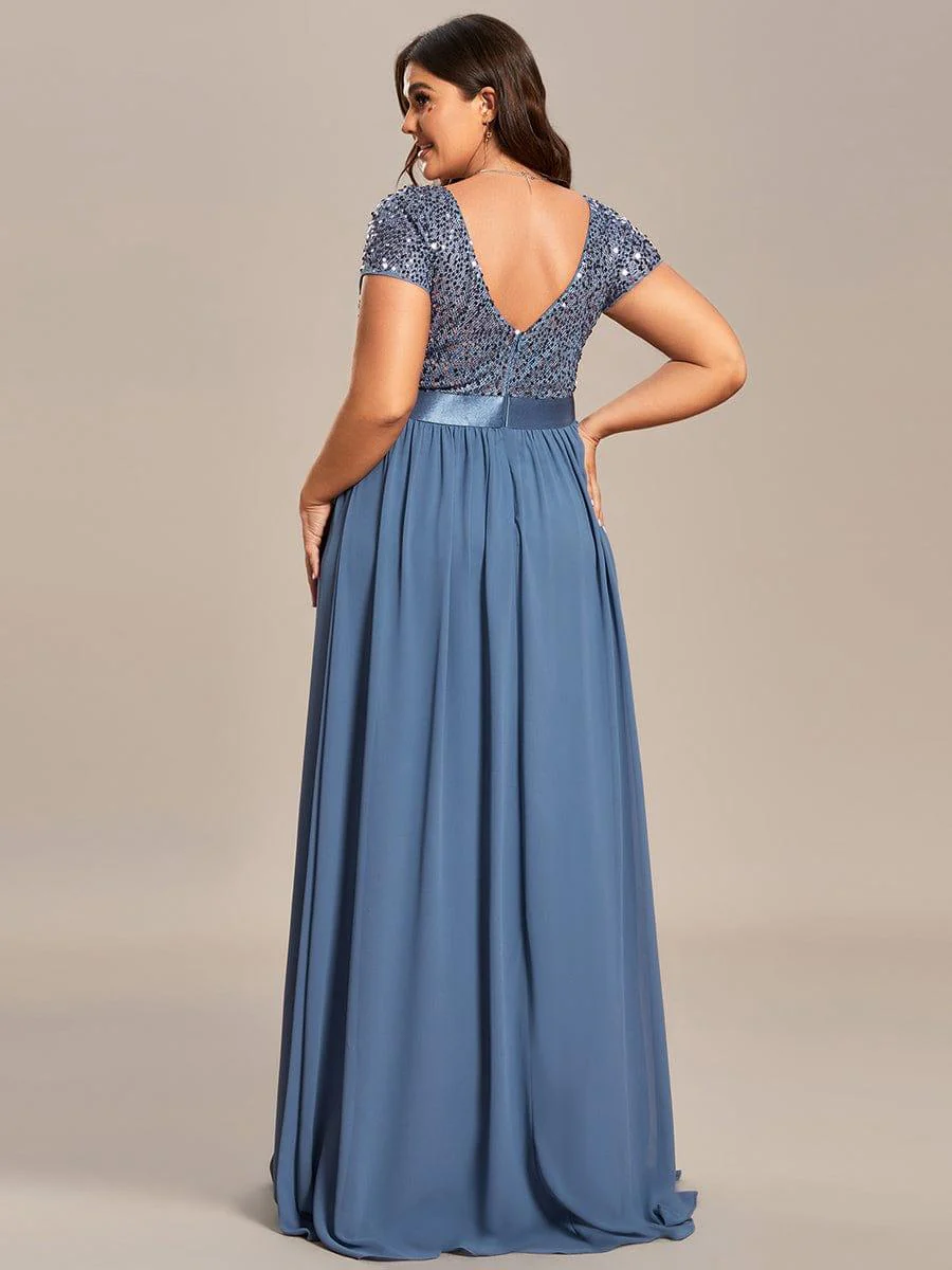 pretty MIRAGE|Plus Size V-Neck Cap Sleeve Sequins Chiffon Maxi Evening Dress - Image 21