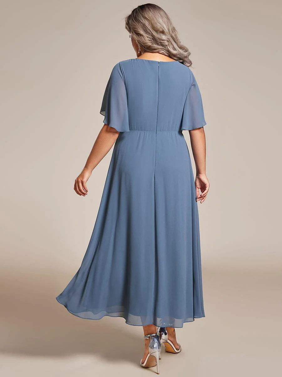 pretty DAHLIA|Plus Size V-Neck Chiffon Midi Wedding Guest Dress with Waist Applique(Final Sale) - Image 17