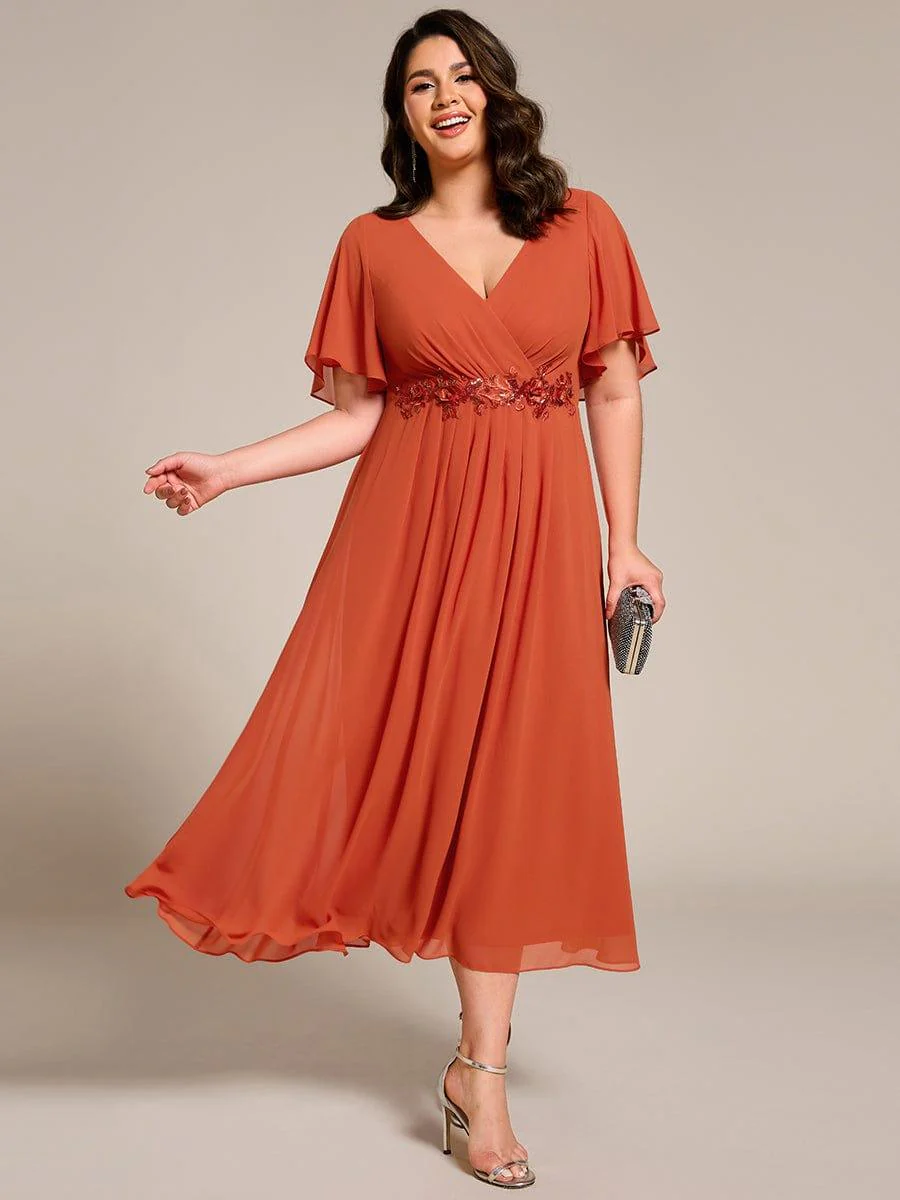 pretty DAHLIA|Plus Size V-Neck Chiffon Midi Wedding Guest Dress with Waist Applique(Final Sale) - Image 51