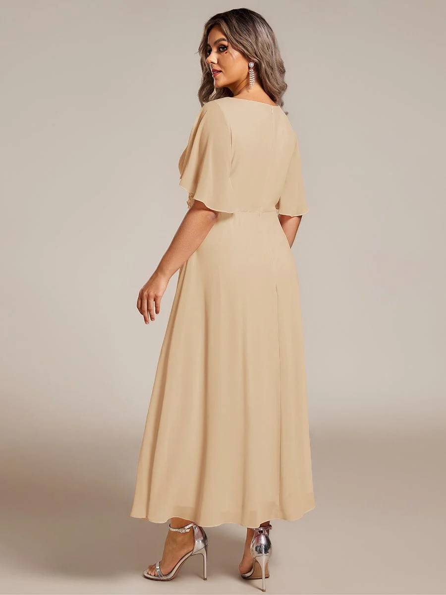 pretty DAHLIA|Plus Size V-Neck Chiffon Midi Wedding Guest Dress with Waist Applique(Final Sale) - Image 72