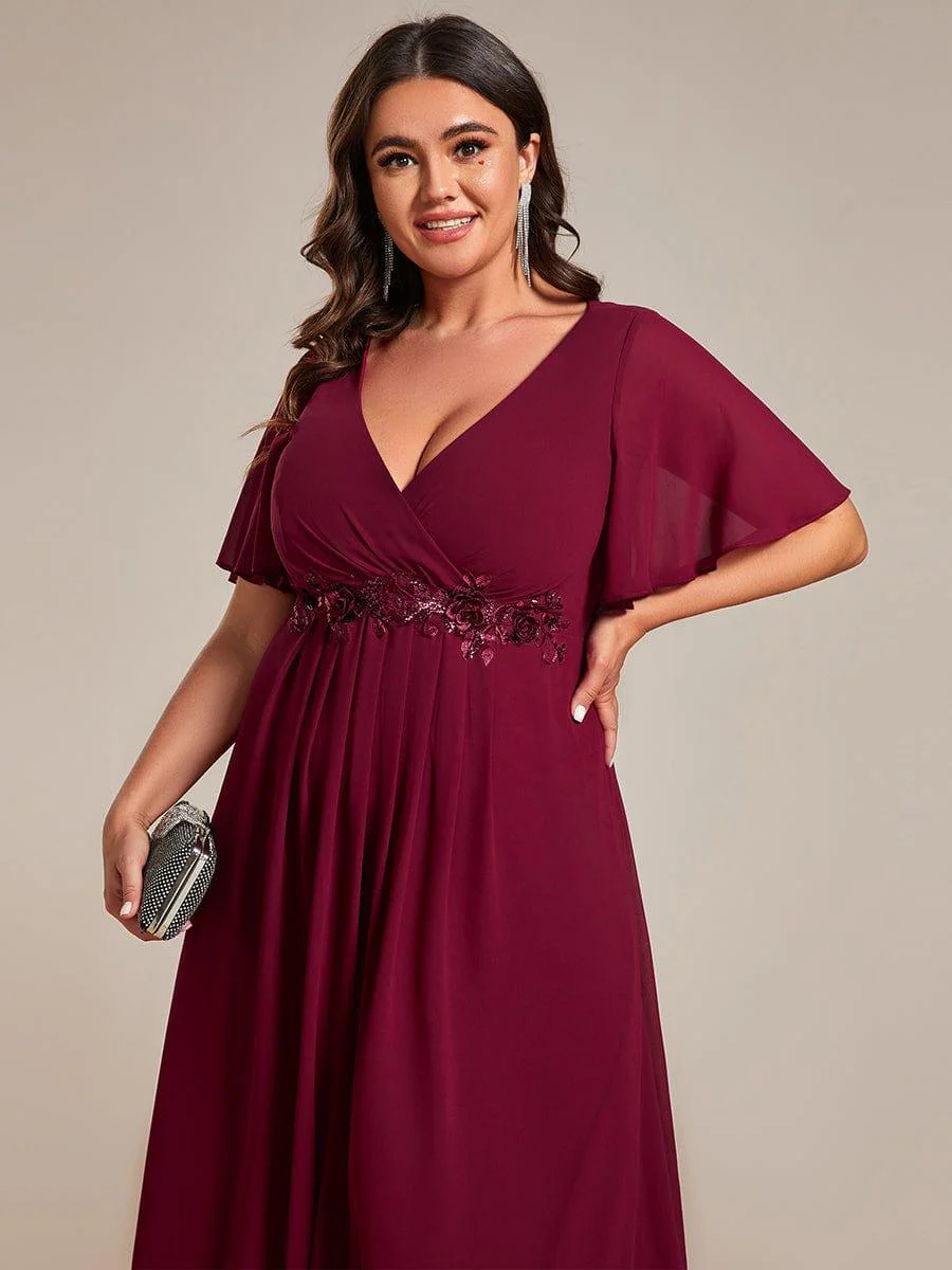 pretty DAHLIA|Plus Size V-Neck Chiffon Midi Wedding Guest Dress with Waist Applique(Final Sale) - Image 8