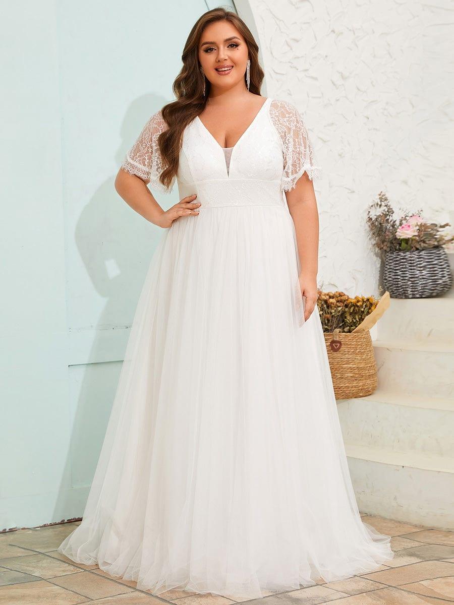 LUSARA'S BRIDE|Plus Size V-Neck Lace Tulle Wedding Dresses with Ruffled Sleeves - Image 4