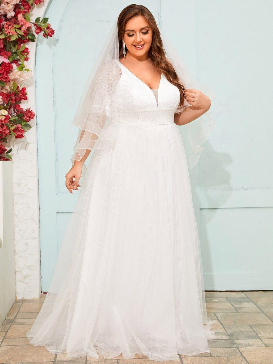 LUSARA'S BRIDE|Plus Size V-Neck Lace Tulle Wedding Dresses with Ruffled Sleeves - Image 5