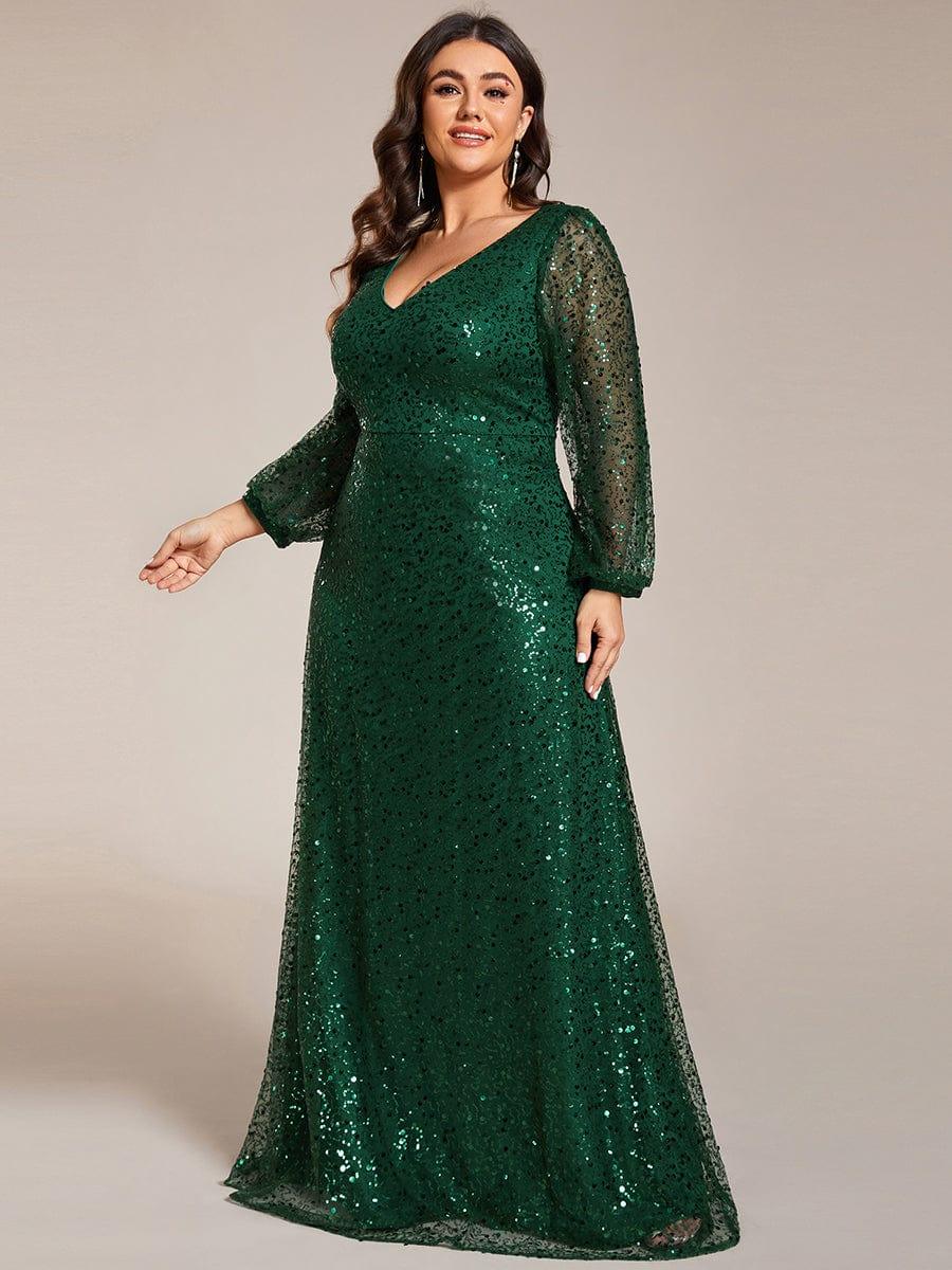 pretty RAYVEN|Plus Size V-Neck Lantern Long Sleeve Sequin A-Line Evening Dress - Image 12