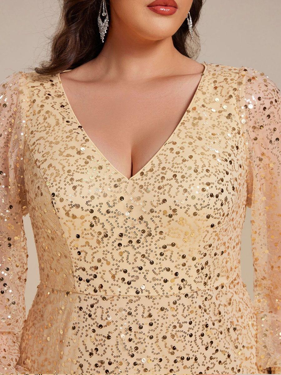 pretty RAYVEN|Plus Size V-Neck Lantern Long Sleeve Sequin A-Line Evening Dress - Image 23