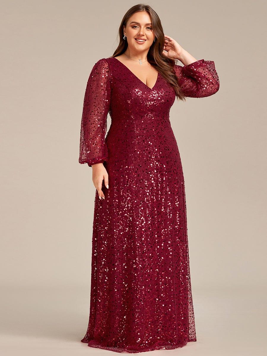 pretty RAYVEN|Plus Size V-Neck Lantern Long Sleeve Sequin A-Line Evening Dress - Image 6