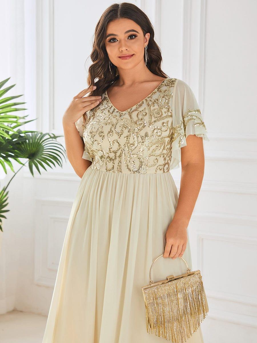 pretty HAZEL|Plus Size V-Neck Short Sleeve Sequin Bodice Mother of the Bride Dress - Image 5