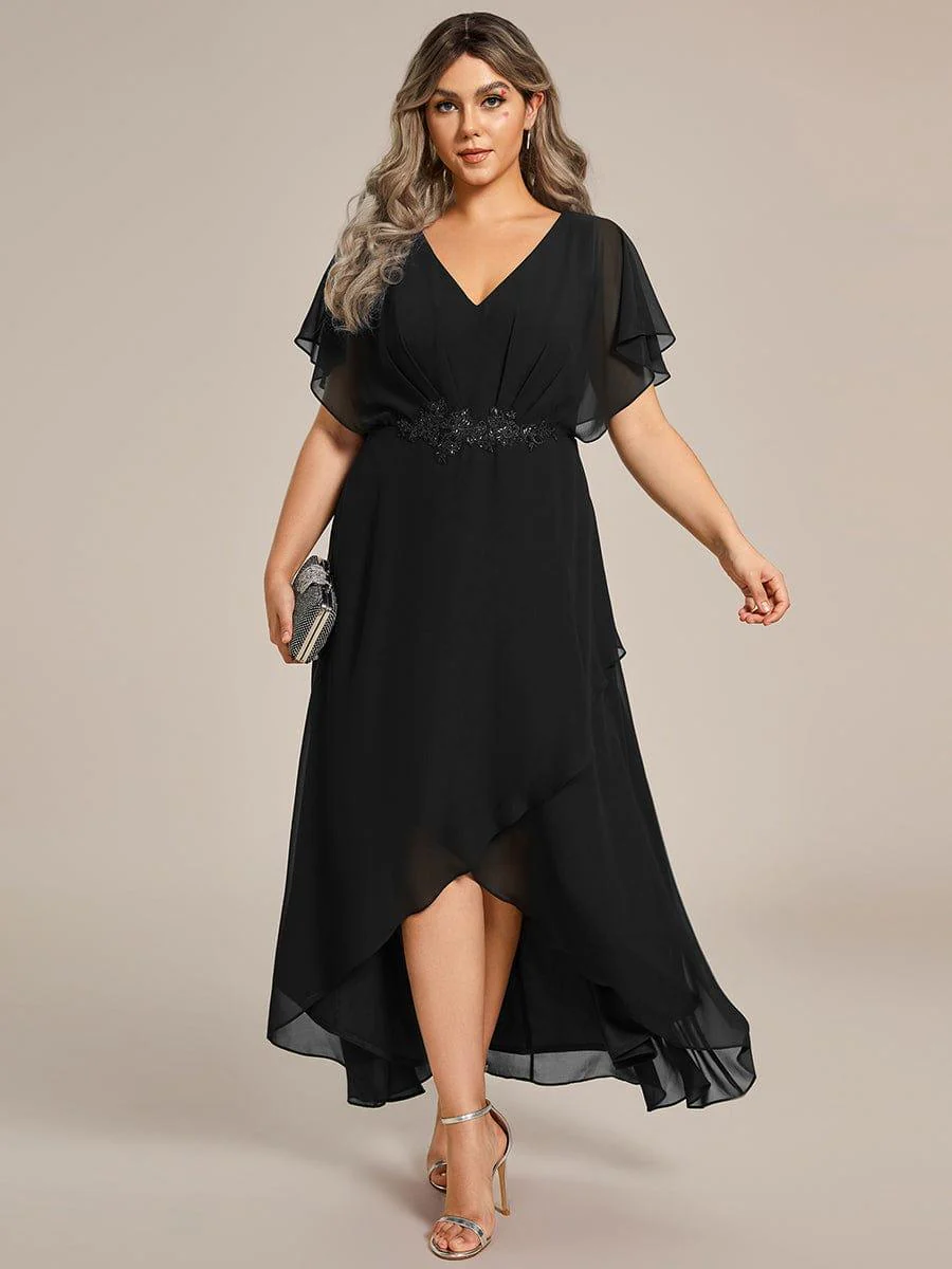 pretty LILAS|Plus Size Waist Applique A-Line Chiffon V-Neck Evening Dress - Image 3