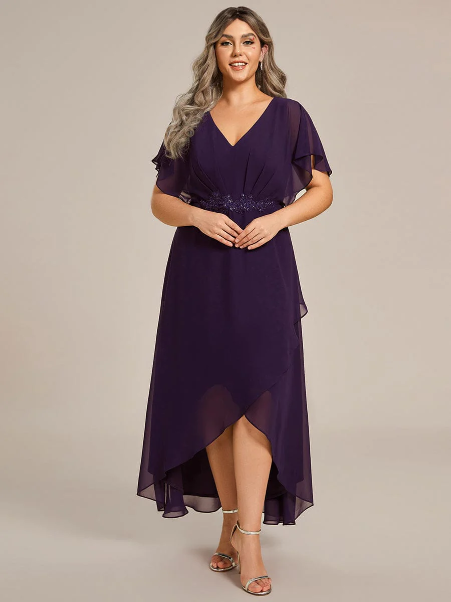 pretty LILAS|Plus Size Waist Applique A-Line Chiffon V-Neck Evening Dress - Image 40