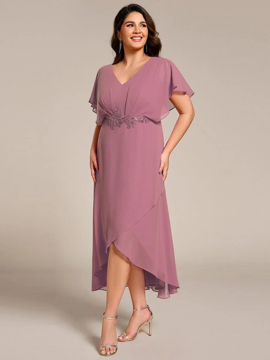 pretty LILAS|Plus Size Waist Applique A-Line Chiffon V-Neck Evening Dress - Image 53