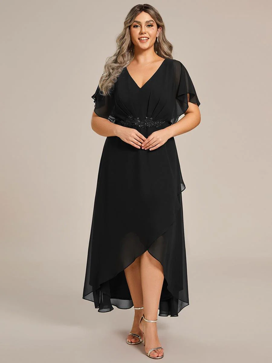 pretty LILAS|Plus Size Waist Applique A-Line Chiffon V-Neck Evening Dress - Image 7