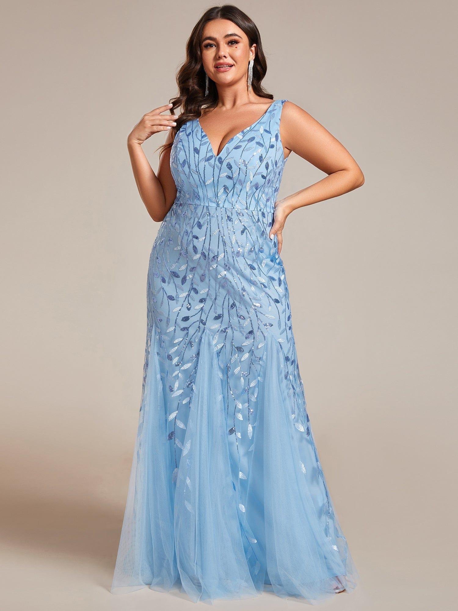 pretty ORIEL|Plus Size Women's V-Neck Fishtail Sequin Evening Dress - Image 48
