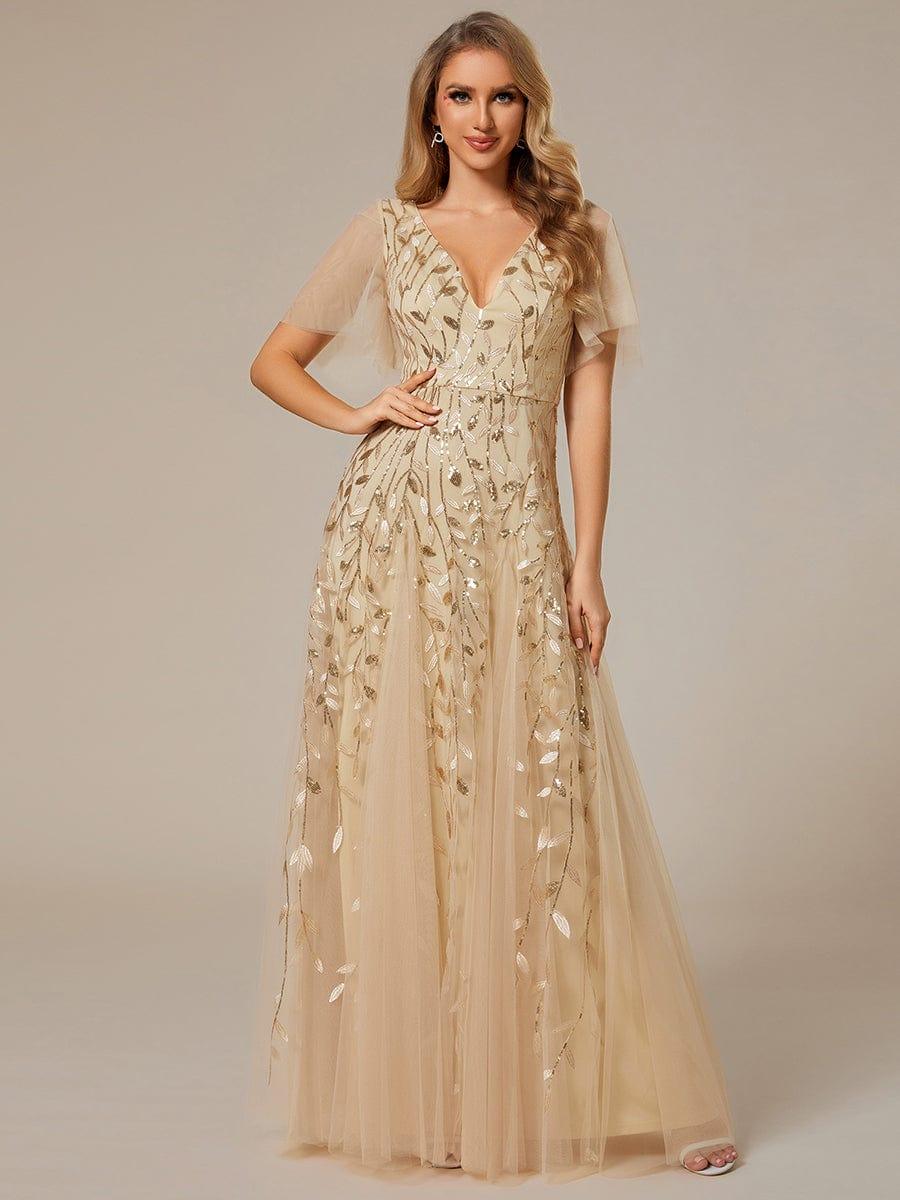 ever ASTRAL|Romantic Shimmery V Neck Ruffle Sleeves Maxi Long Mother of the Bride Dress - Image 116