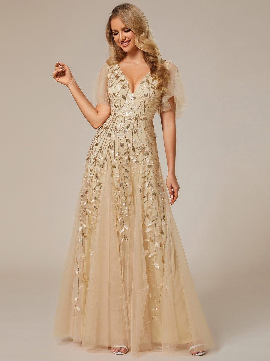 ever ASTRAL|Romantic Shimmery V Neck Ruffle Sleeves Maxi Long Mother of the Bride Dress - Image 120