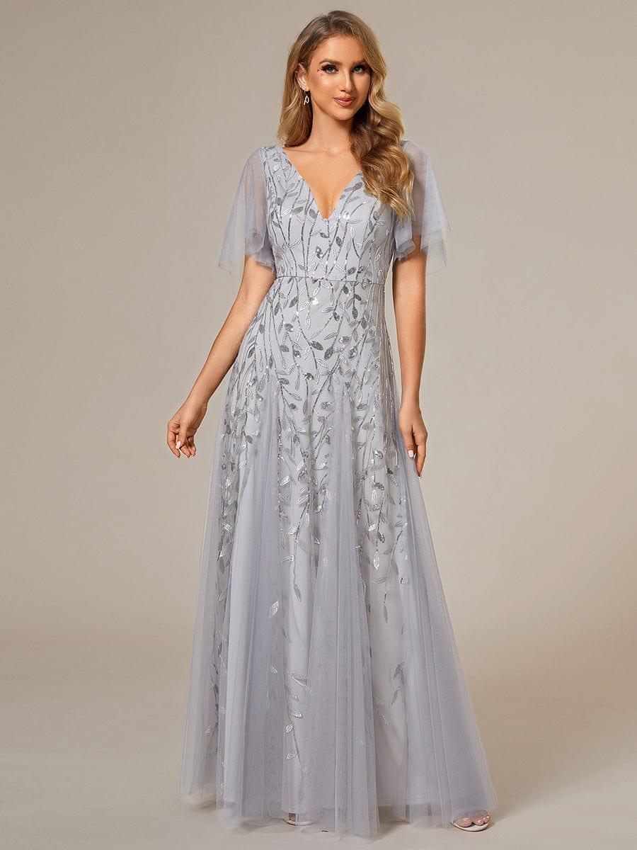 ever ASTRAL|Romantic Shimmery V Neck Ruffle Sleeves Maxi Long Mother of the Bride Dress - Image 125