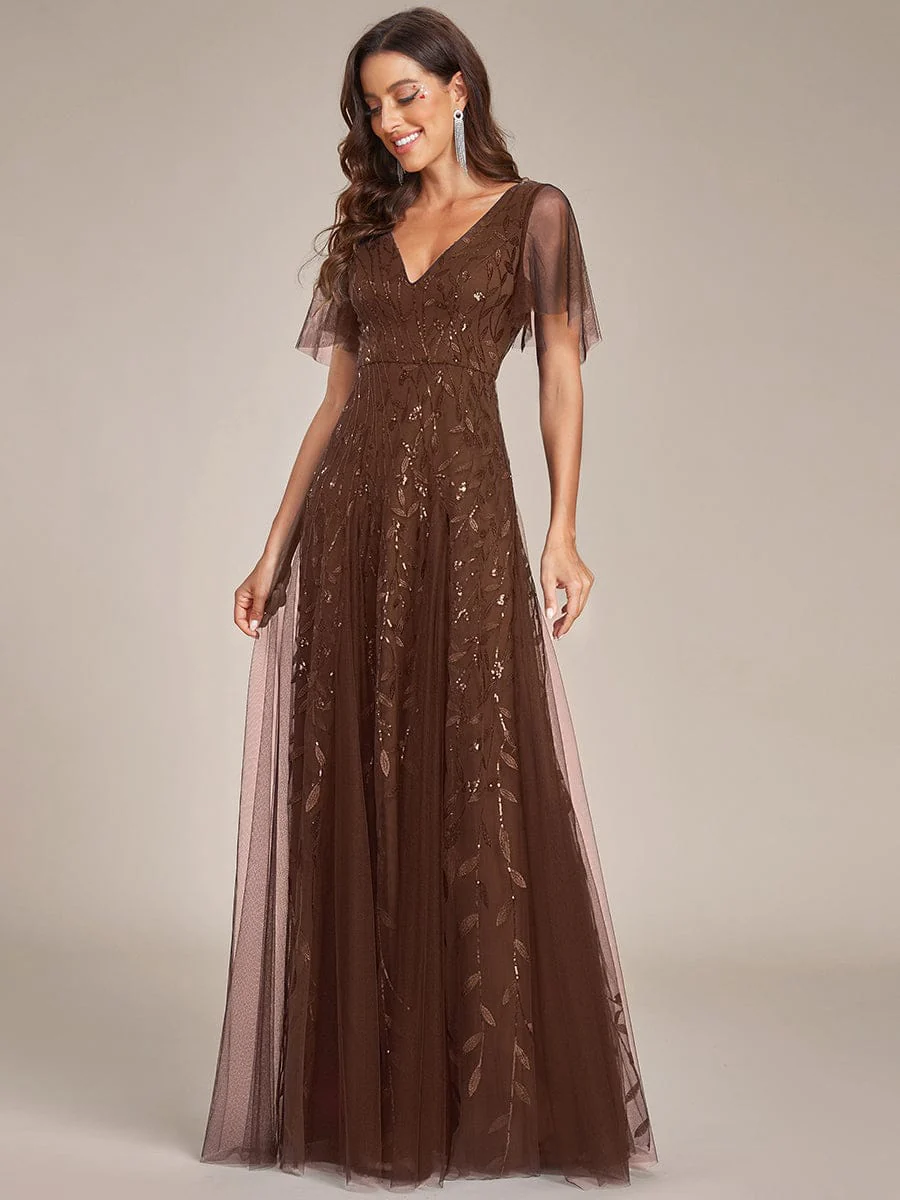 ever ASTRAL|Romantic Shimmery V Neck Ruffle Sleeves Maxi Long Mother of the Bride Dress - Image 162