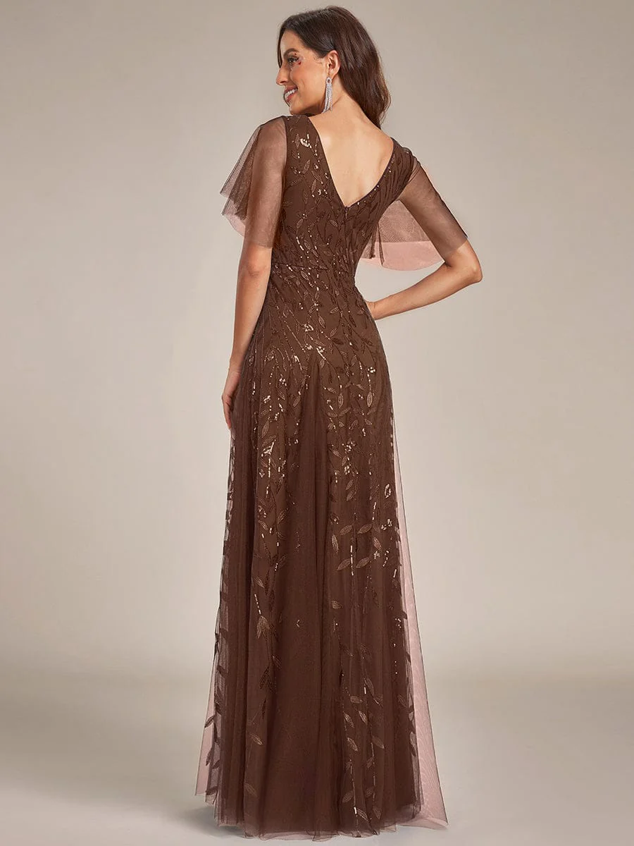 ever ASTRAL|Romantic Shimmery V Neck Ruffle Sleeves Maxi Long Mother of the Bride Dress - Image 163