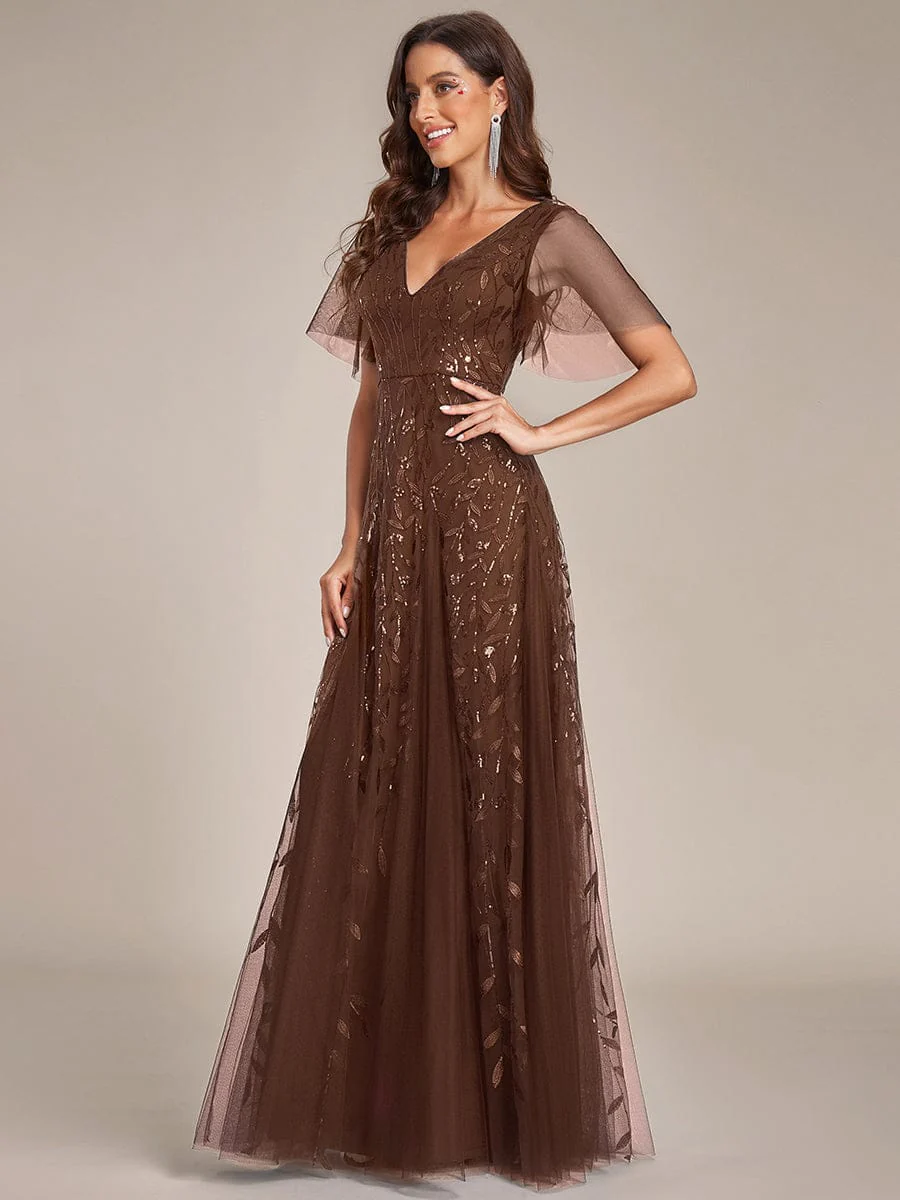 ever ASTRAL|Romantic Shimmery V Neck Ruffle Sleeves Maxi Long Mother of the Bride Dress - Image 165