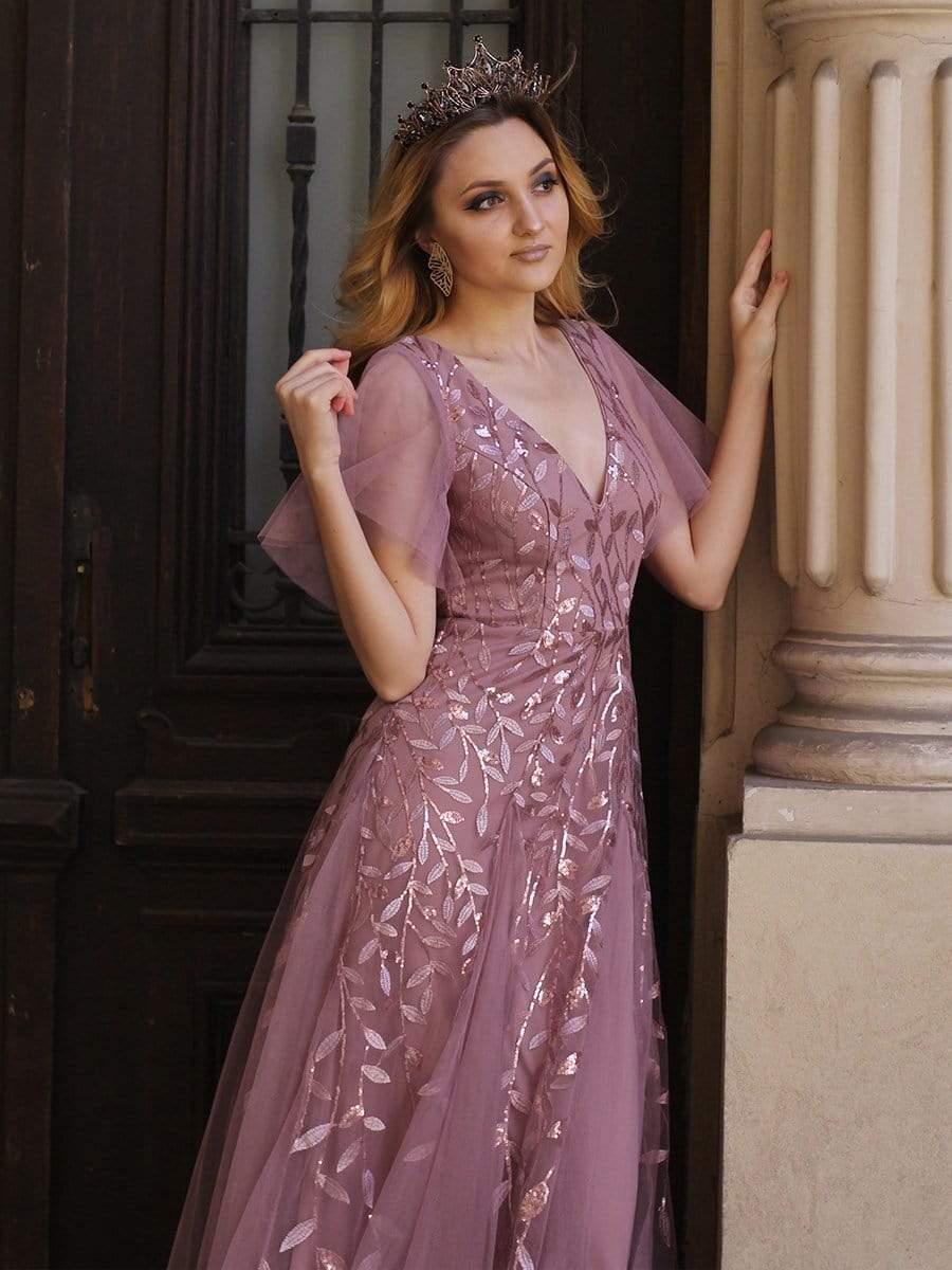 ever ASTRAL|Romantic Shimmery V Neck Ruffle Sleeves Maxi Long Mother of the Bride Dress - Image 72