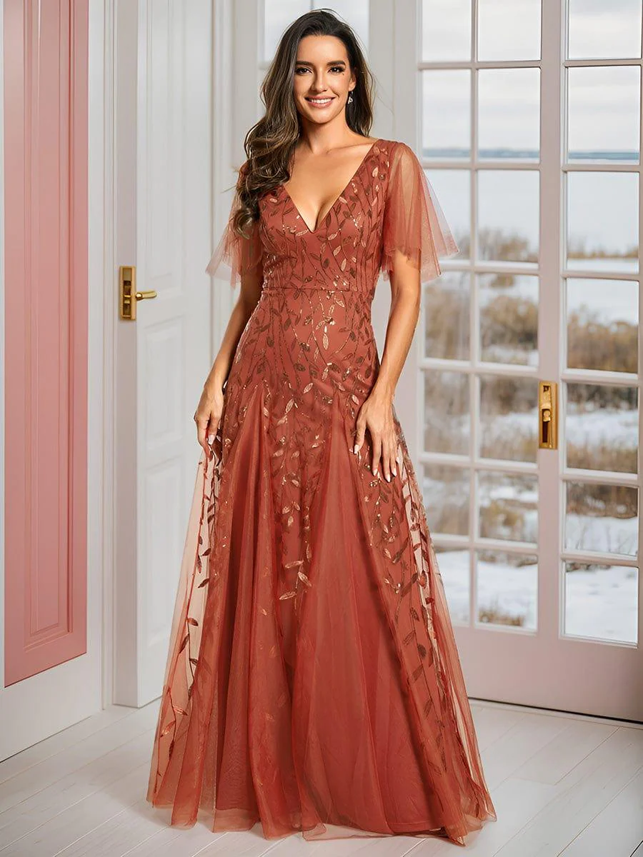 ever ASTRAL|Romantic Shimmery V Neck Ruffle Sleeves Maxi Long Mother of the Bride Dress - Image 74