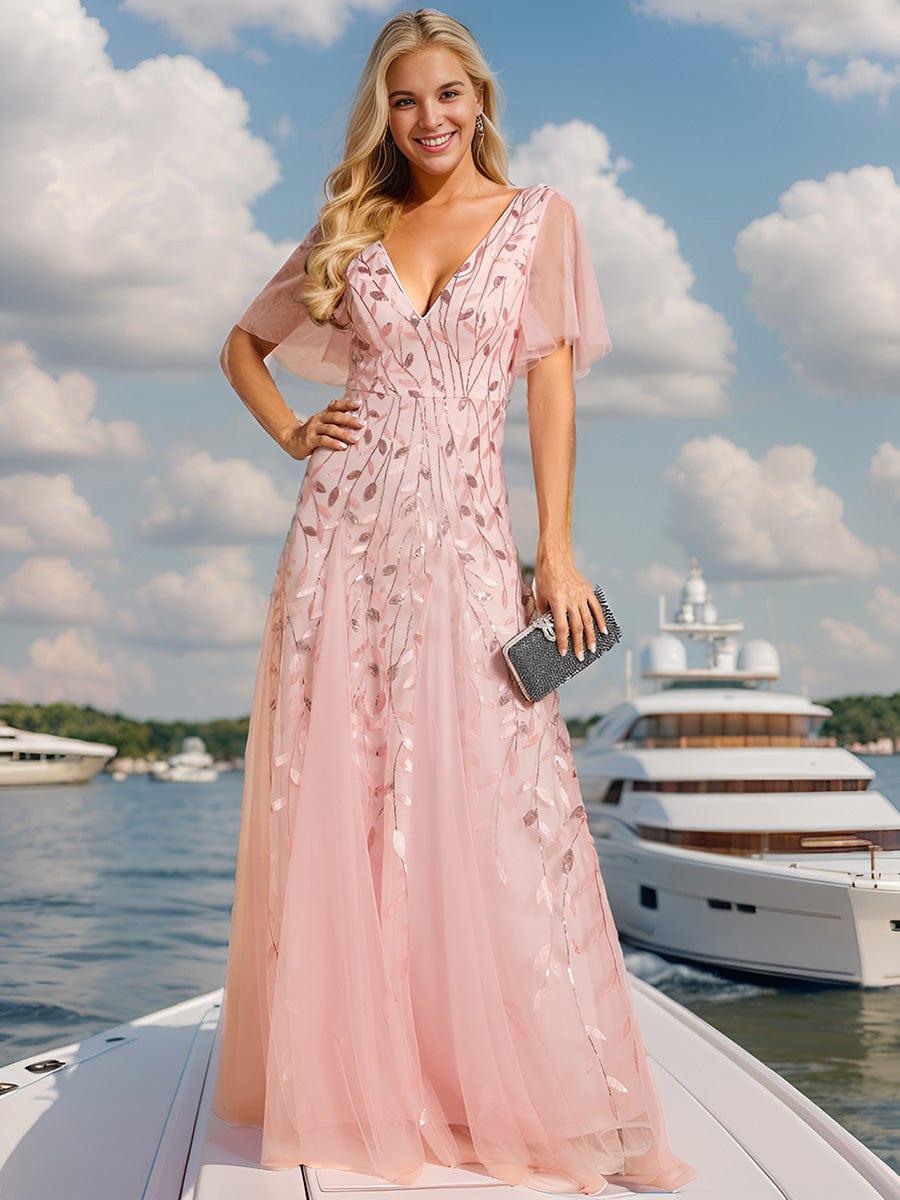 ever ASTRAL|Romantic Shimmery V Neck Ruffle Sleeves Maxi Long Mother of the Bride Dress - Image 82