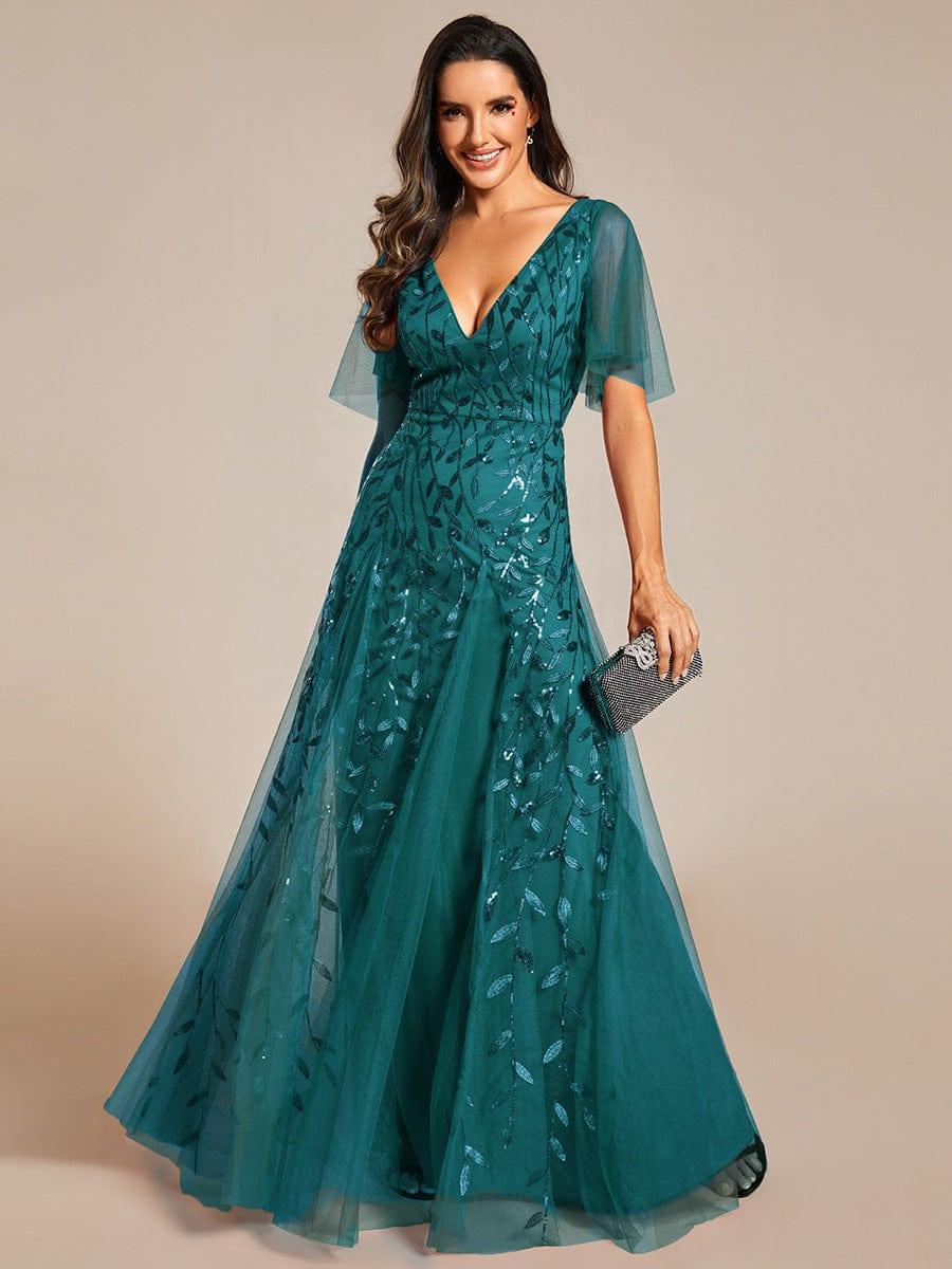 ever ASTRAL|Romantic Shimmery V Neck Ruffle Sleeves Maxi Long Mother of the Bride Dress - Image 98