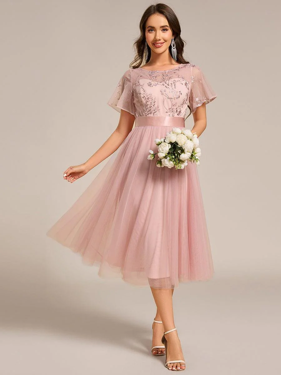 ever MARA|Round Neck Embellished Midi Tulle Wedding Guest Dress