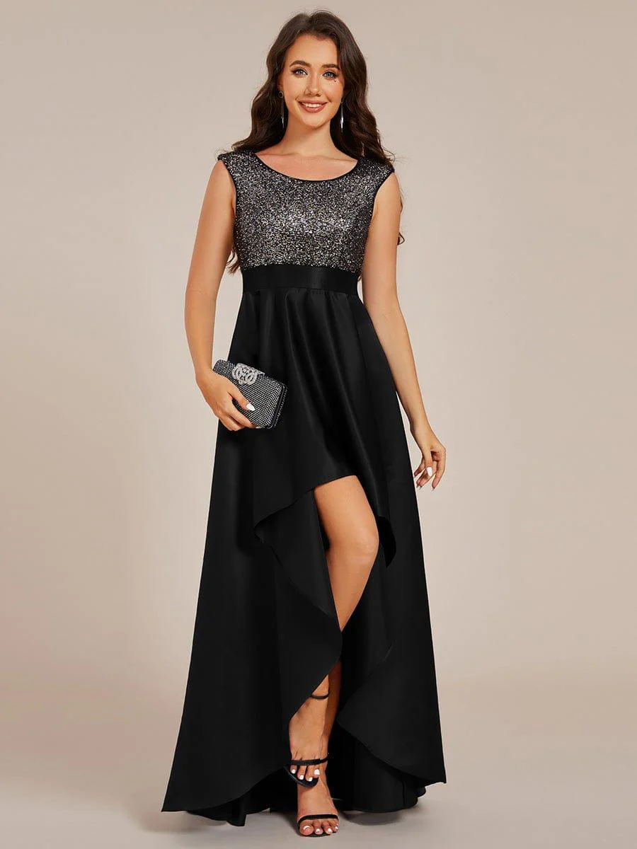 Round Neck Sequin Bodice High-Low Evening Dress With Satin Skirt - Image 15