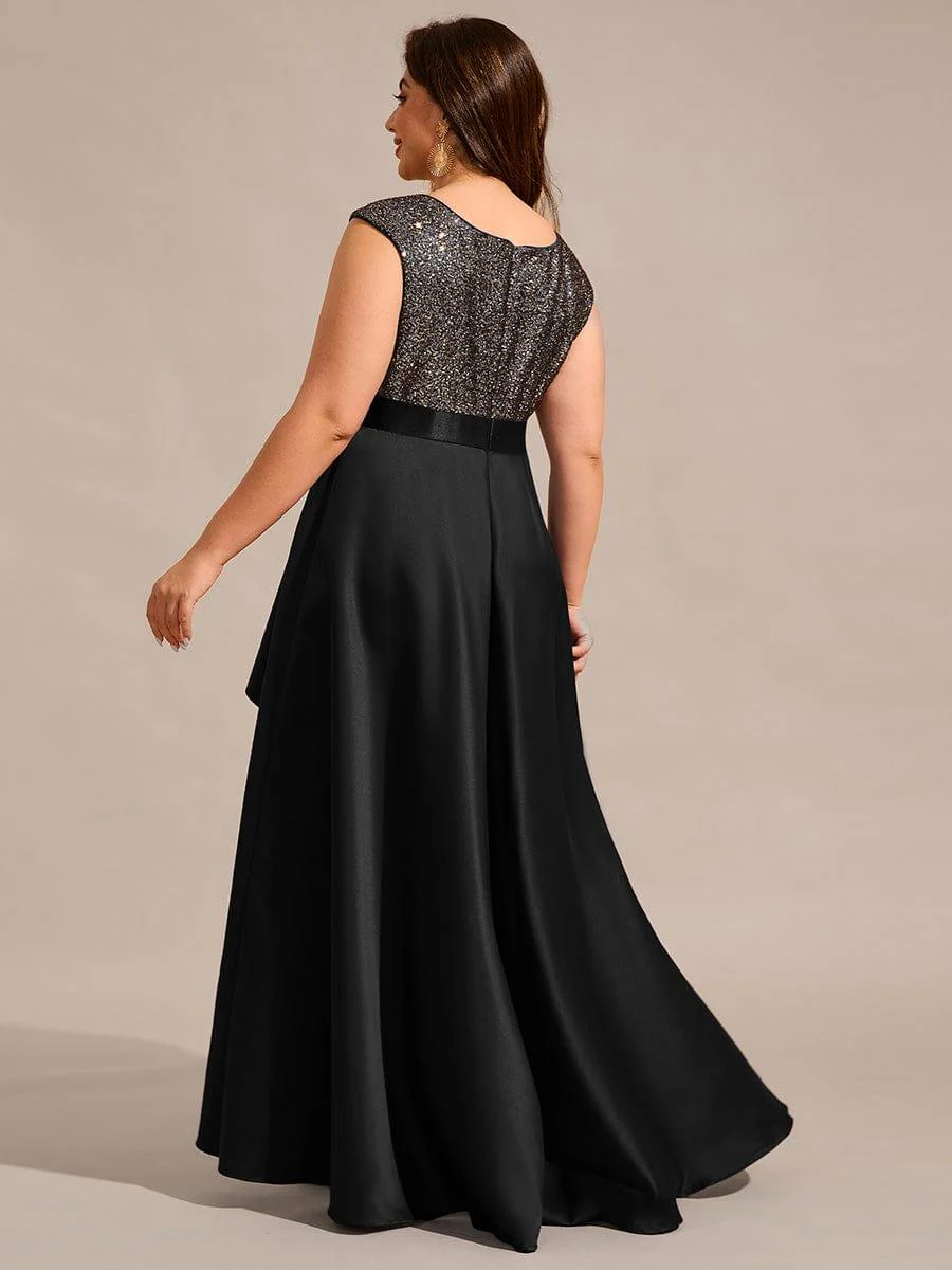 Round Neck Sequin Bodice High-Low Evening Dress With Satin Skirt - Image 17
