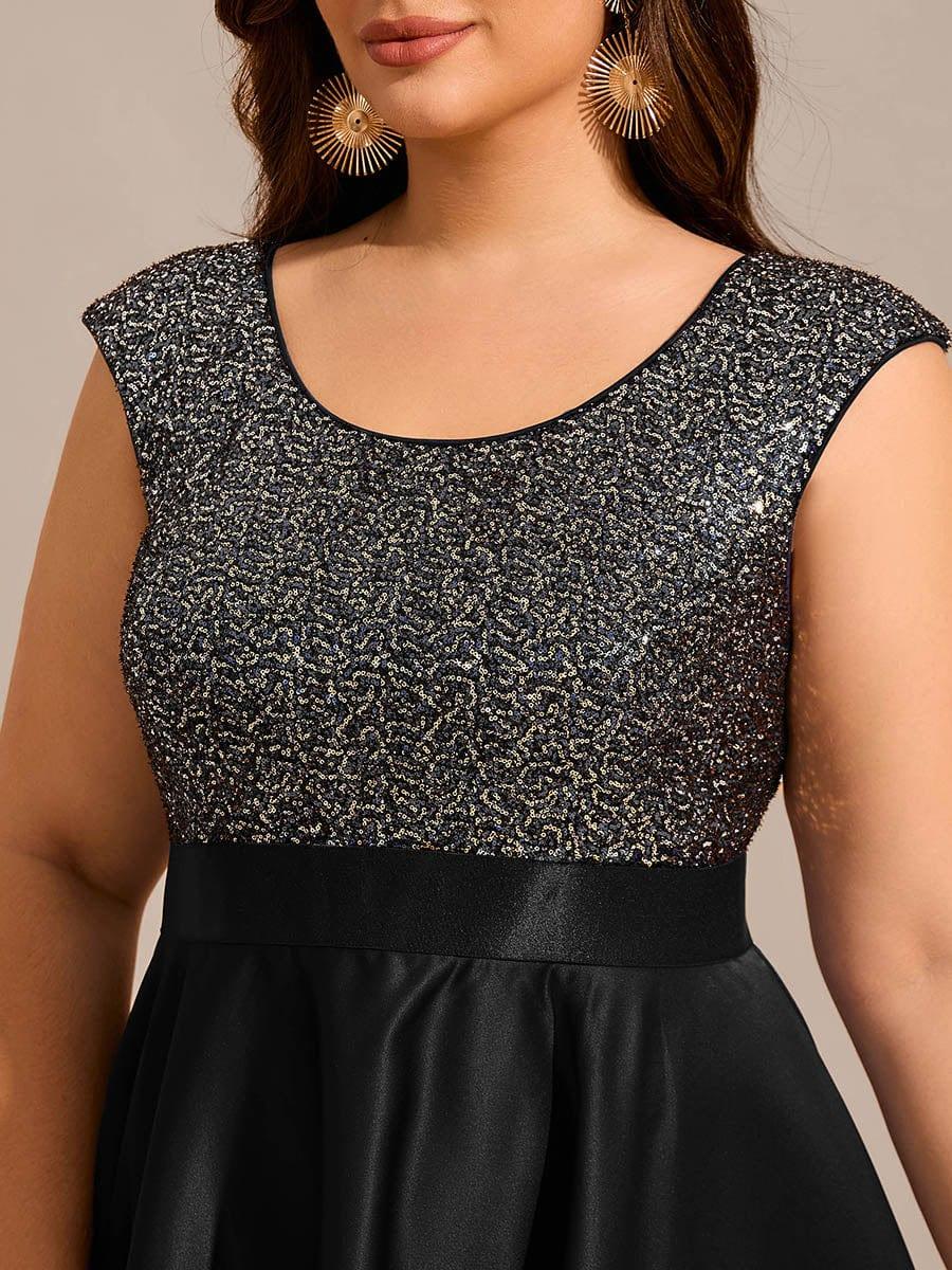 Round Neck Sequin Bodice High-Low Evening Dress With Satin Skirt - Image 18