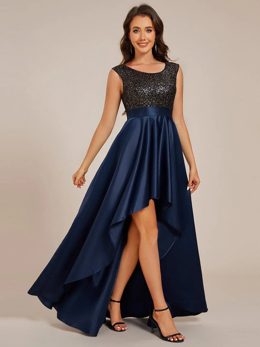 Round Neck Sequin Bodice High-Low Evening Dress With Satin Skirt - Image 25