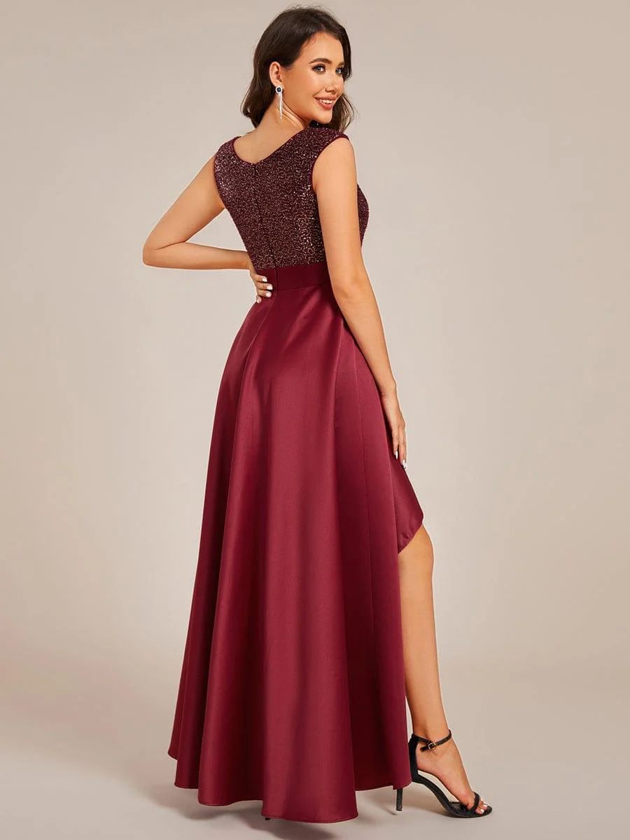 Round Neck Sequin Bodice High-Low Evening Dress With Satin Skirt - Image 4