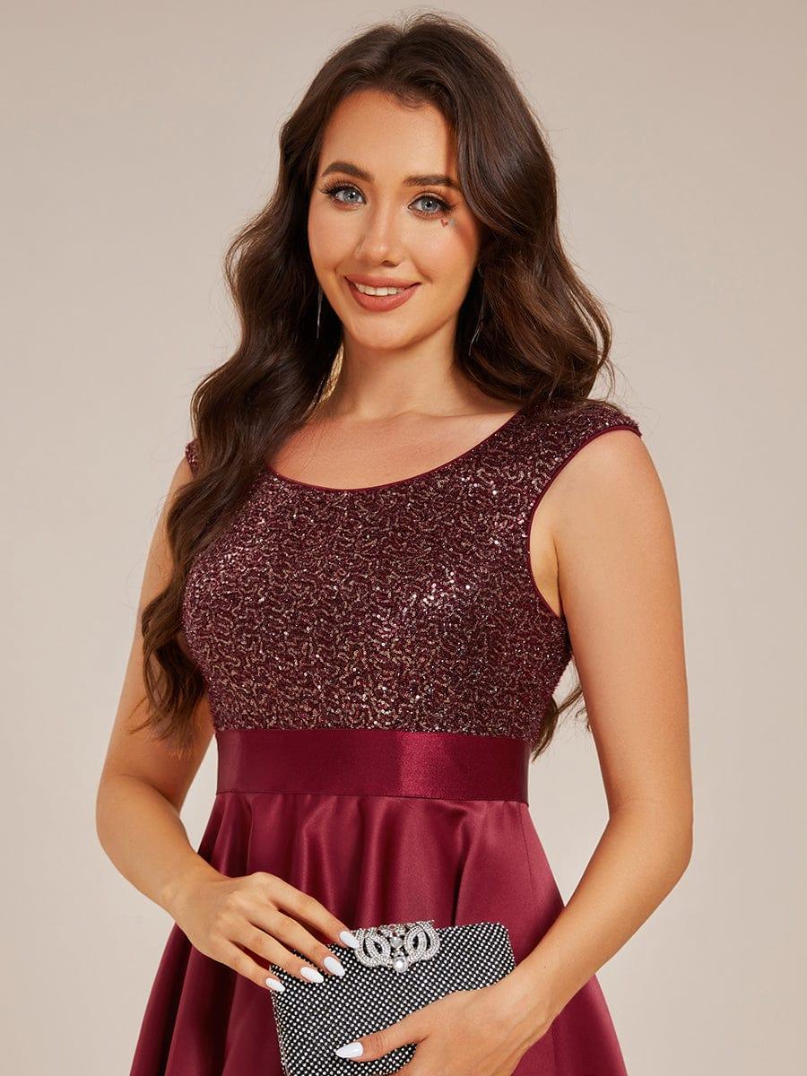 Round Neck Sequin Bodice High-Low Evening Dress With Satin Skirt - Image 5