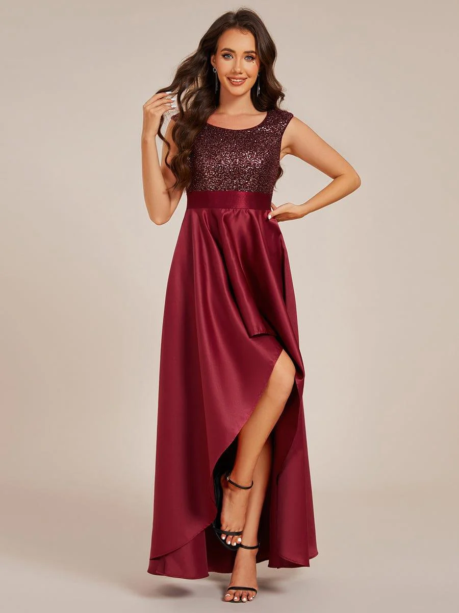 Round Neck Sequin Bodice High-Low Evening Dress With Satin Skirt - Image 6
